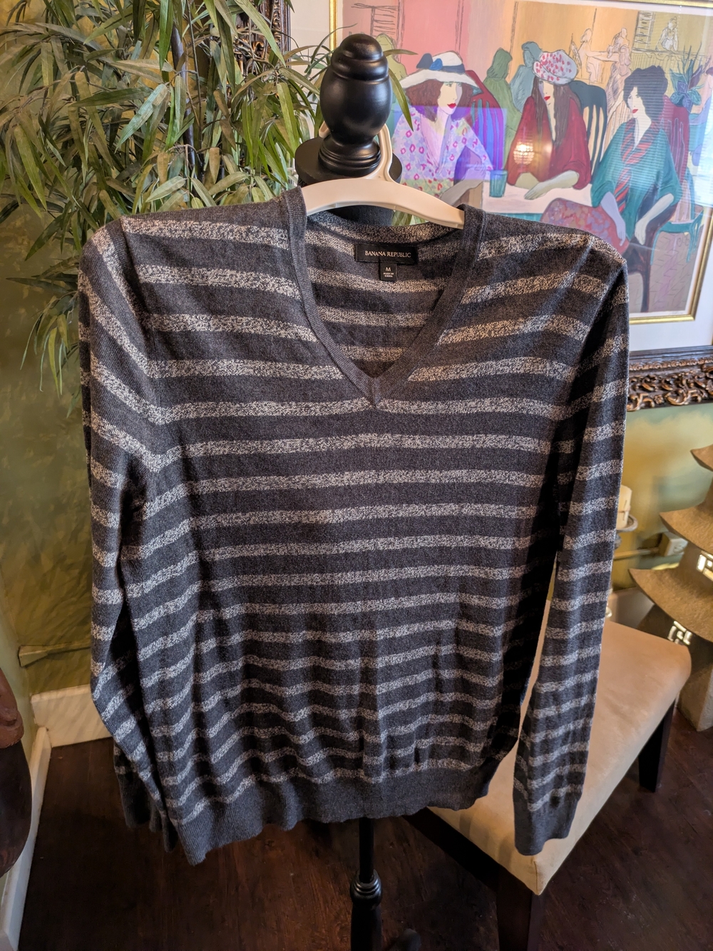 Banana Republic Men's Charcoal and Light Gray Striped V-Neck Sweater